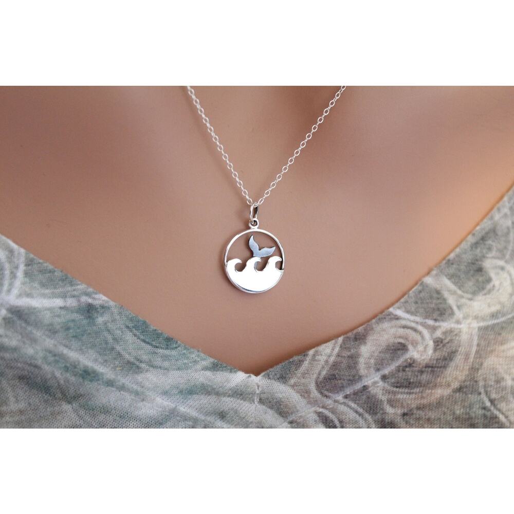 Sterling Silver Whale Tail and Ocean Waves Charm Necklace
